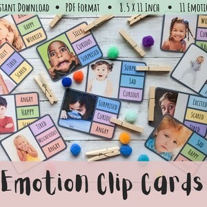 Peut inclure: Un ensemble de 11 cartes d'émotions à pinces représentant des visages d'enfants exprimant différentes émotions. Chaque carte a un fond coloré et est étiquetée avec l'émotion. Les cartes sont conçues pour être utilisées avec des pinces à linge.
