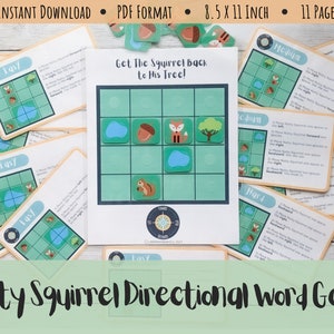 May include: A printable game for children featuring a squirrel and a compass. The game is called "Nutty Squirrel Directional Word Game" and includes 11 pages of easy, medium, and hard levels. The game is designed to help children learn directional words.