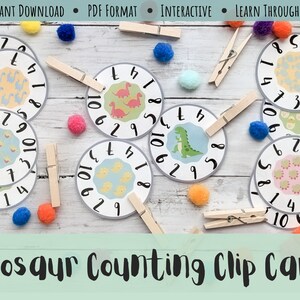 Cartes à clip pour compter sur le thème des dinosaures - Préscolaire, Motricité fine, Reconnaissance des nombres, Activité d'apprentissage, Mathématiques précoces, Préhistorique, Imprimable