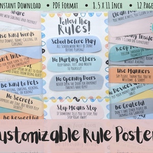 Op de afbeelding: Een aanpasbare regelposter voor kinderen met kleurrijke, geïllustreerde kaarten met regels zoals "Gebruik vriendelijke woorden", "Doe anderen geen pijn", "Wees aardig tegen dieren", "Geen geheimen" en "Wees respectvol". De poster is 8,5 x 11 inch en bevat 12 pagina's.