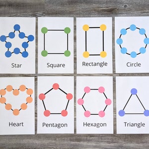May include: A set of nine flashcards featuring different geometric shapes, each with a corresponding name. The shapes are represented by blue, yellow, green, pink, and orange dots connected by black lines. The shapes include a star, square, rectangle, circle, heart, pentagon, hexagon, and triangle.