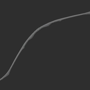 May include: A long, slender, grey bow with a textured, branch-like surface. The object features a curved, organic shape with intricate, carved-style patterns along its entire length, tapering to pointed ends on both sides of the structure.