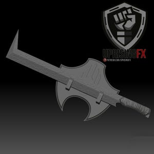 Puede incluir: Un modelo 3D impreso en gris de un arma de fantasía con una hoja larga y una guarda grande y curva. La guarda tiene una superficie texturizada y una punta afilada en la parte superior.