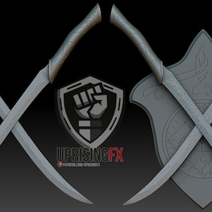 May include: Two silver-coloured swords with intricate designs on the blades are crossed and mounted on a grey shield with a decorative design. The shield is shaped like a teardrop and has a raised edge.