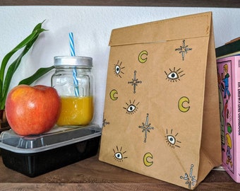 Brown Paper Lunch Bag-Eyes Moons and Stars