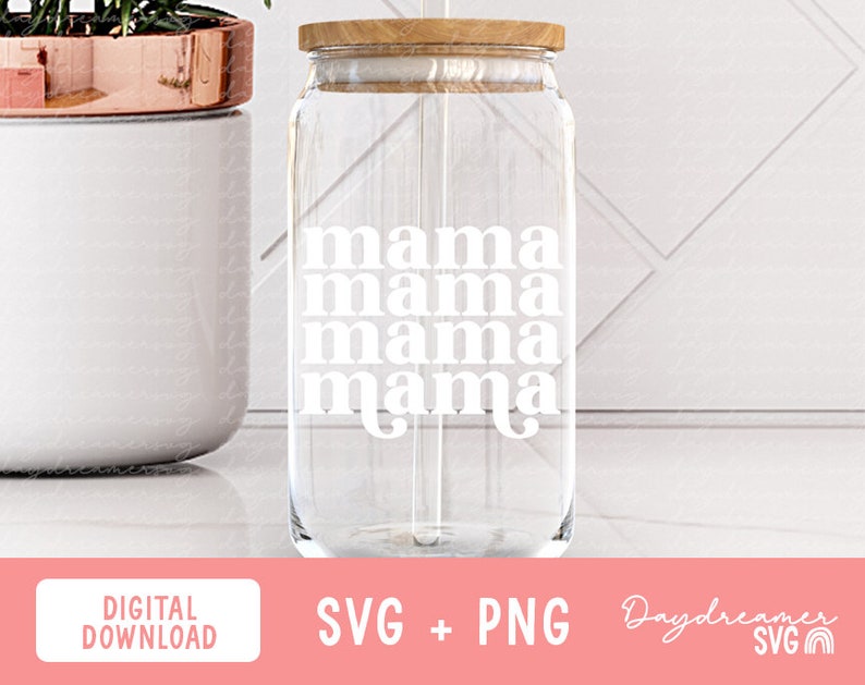 May include: A clear glass tumbler with a wooden lid and a straw. The word "mama" is printed in white, stacked four times down the front of the glass. The tumbler is next to a white ceramic pot with a copper-colored rim.