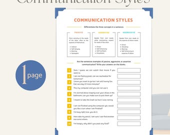 Op de afbeelding: Een wit werkblad getiteld Communication Styles met blauwe hoekaccenten. Het definieert passieve, assertieve en agressieve stijlen, gevolgd door tien genummerde zinnen om te oefenen, elk met een leeg vakje om antwoorden in te vullen.