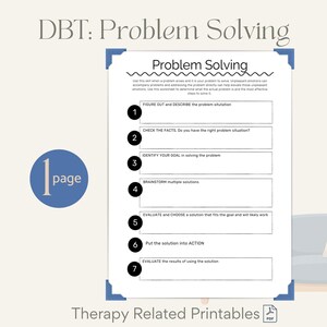 May include: A one-page DBT Problem Solving worksheet featuring seven numbered steps with blank fields for writing. The document includes instructions and headers in black text on a white background, framed by blue corner accents and a blue circle icon.