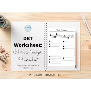 Puede incluir: Una hoja de trabajo DBT imprimible para el análisis de cadena. La hoja de trabajo incluye un diagrama de cadena con enlaces numerados y espacio para escribir los pensamientos actuales y de reemplazo. El texto "DBT Worksheet: Chain Analysis Worksheet" está en la parte superior de la página.