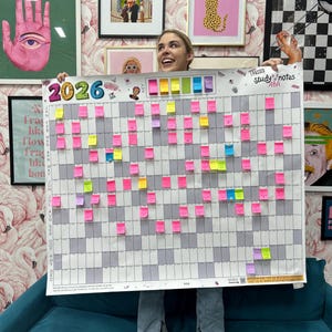 May include: A large 2026 calendar with pink, yellow, and purple sticky notes. The calendar is held up by a person. The calendar has the text "I PASSED study notes ABA". The background includes framed art and a teal sofa.