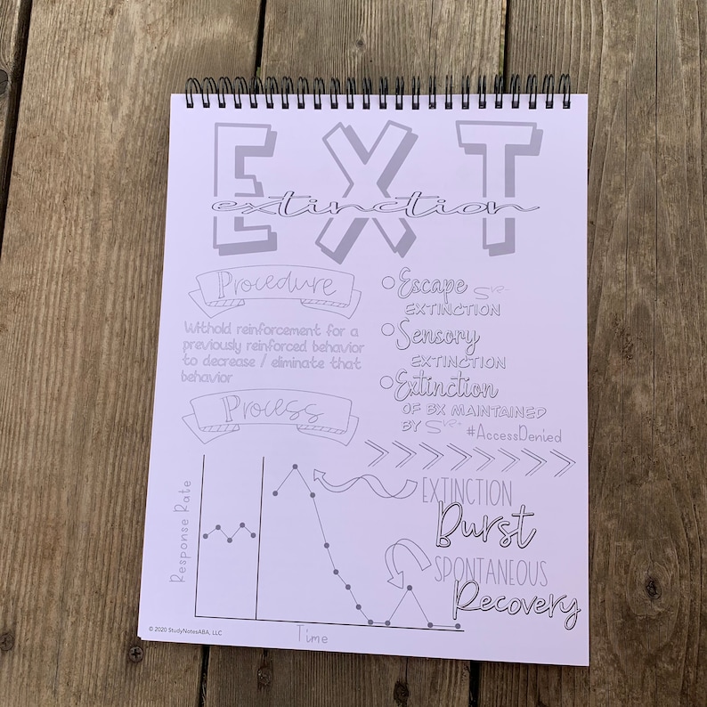 Op de afbeelding: Een wit vel papier met een grijze omtrek van het woord "extinctie" in grote letters. Het papier bevat ook een beschrijving van de procedure en het proces van extinctie, samen met een grafiek die de responsrate in de loop van de tijd laat zien. De grafiek laat een afname van de responsrate in de loop van de tijd zien, gevolgd door een uitbarsting van spontane herstel.