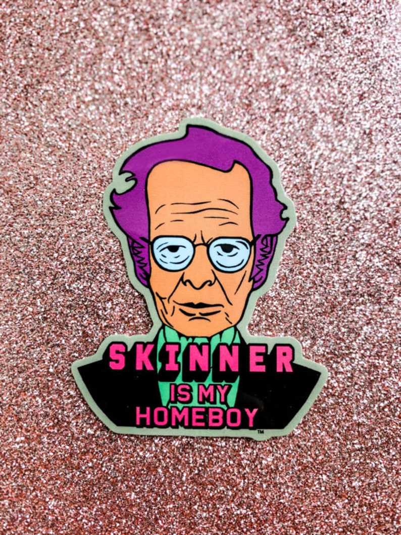 May include: A sticker featuring a cartoon illustration of a man with purple hair and glasses. The text on the sticker reads "Skinner is my homeboy".