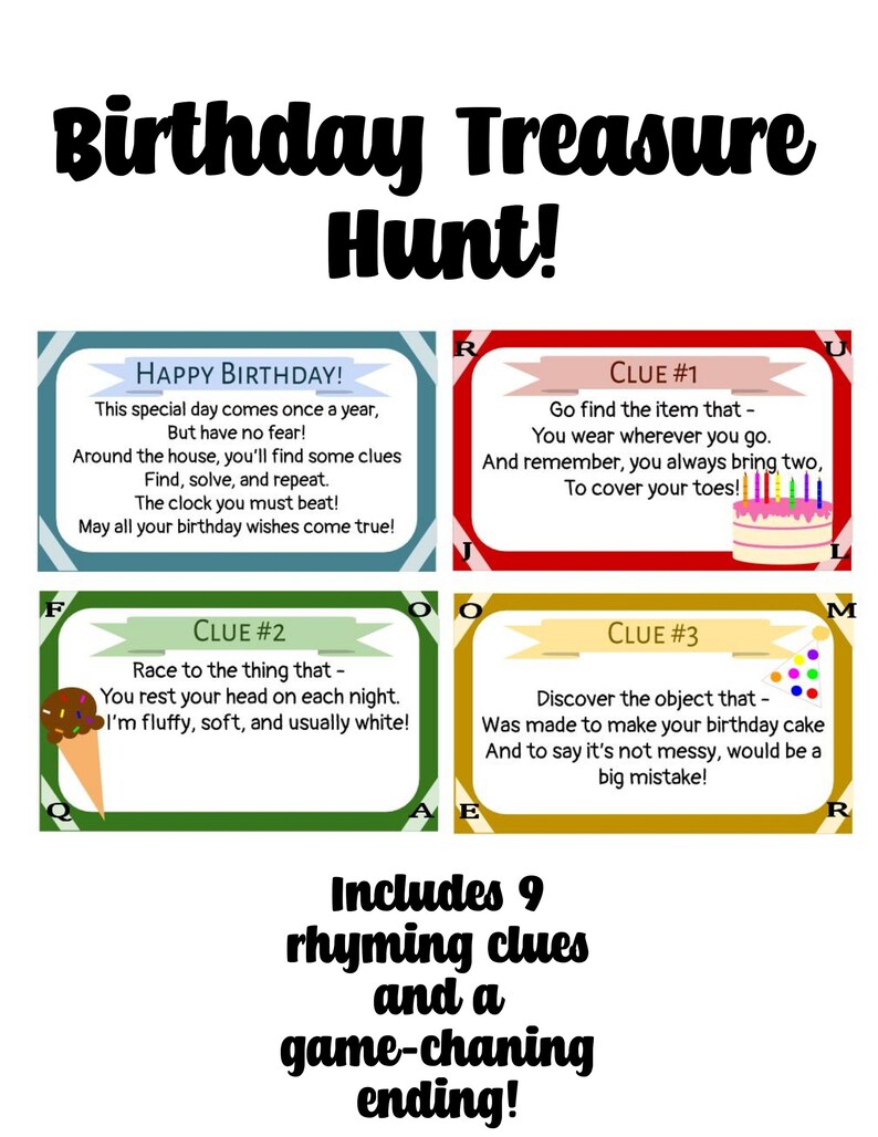 Rhyming Treasure Hunt Birthday Scavenger Hunt Unique Birthday Gift Kids Birthday Prints Art Collectibles Safarni Org