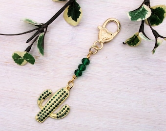 Cactus Purse Charm - Large Lobster Clasp - Rhinestone Handbag jewelry - Floral RS Notebook Dangle - Pretty - Unusual Keychain