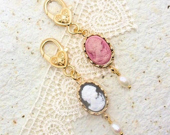 Cameo Purse charm - Victorian Inspired - Bag jewelry - Purse Dangle - Zipper Pull - Unique Gift for Mom - Black OR Pink OR Blue - Gold tone