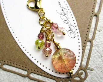 Pink Lemonade Flower and crystal TN charm planner jewelry - Dahlia Zipper Pull - Dangle - Backpack - Gift under 10 - Pink and yellow