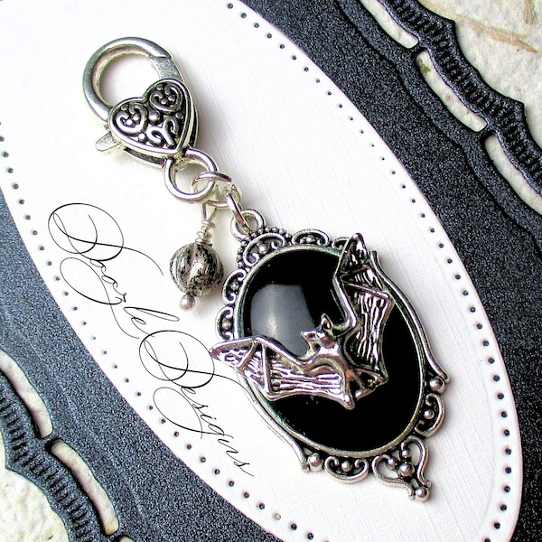 Black Goth Bat TN Planner charm - Halloween - Bag jewelry - Purse Dangle - Backpack - Zipper Pull - Key ring - Black - Silver