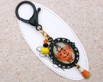 Halloween Jack o lantern girl Purse Charm - Candy corn Bag jewelry - Goth Purse Dangle - Backpack - Zipper Pull - Keychain - Cabochon