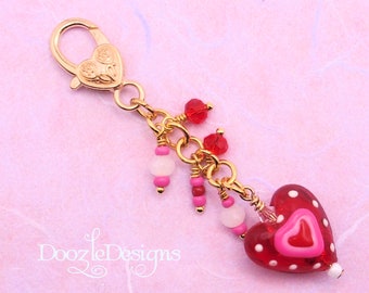 Fun Red Glass Heart Purse Charm - Valentine - Large Lobster Clasp - Handbag jewelry - Gift under 15 - Notebook - Pretty - Keychain