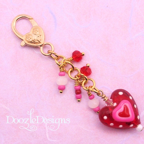 Fun Red Glass Heart Purse Charm - Valentine - Large Lobster Clasp - Handbag jewelry - Gift under 15 - Notebook - Pretty - Keychain