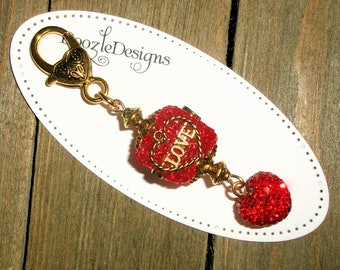 Love cube Charm - Valentine - Red Shambala Heart - Large Lobster Clasp - Handbag jewelry - Notebook - Pretty