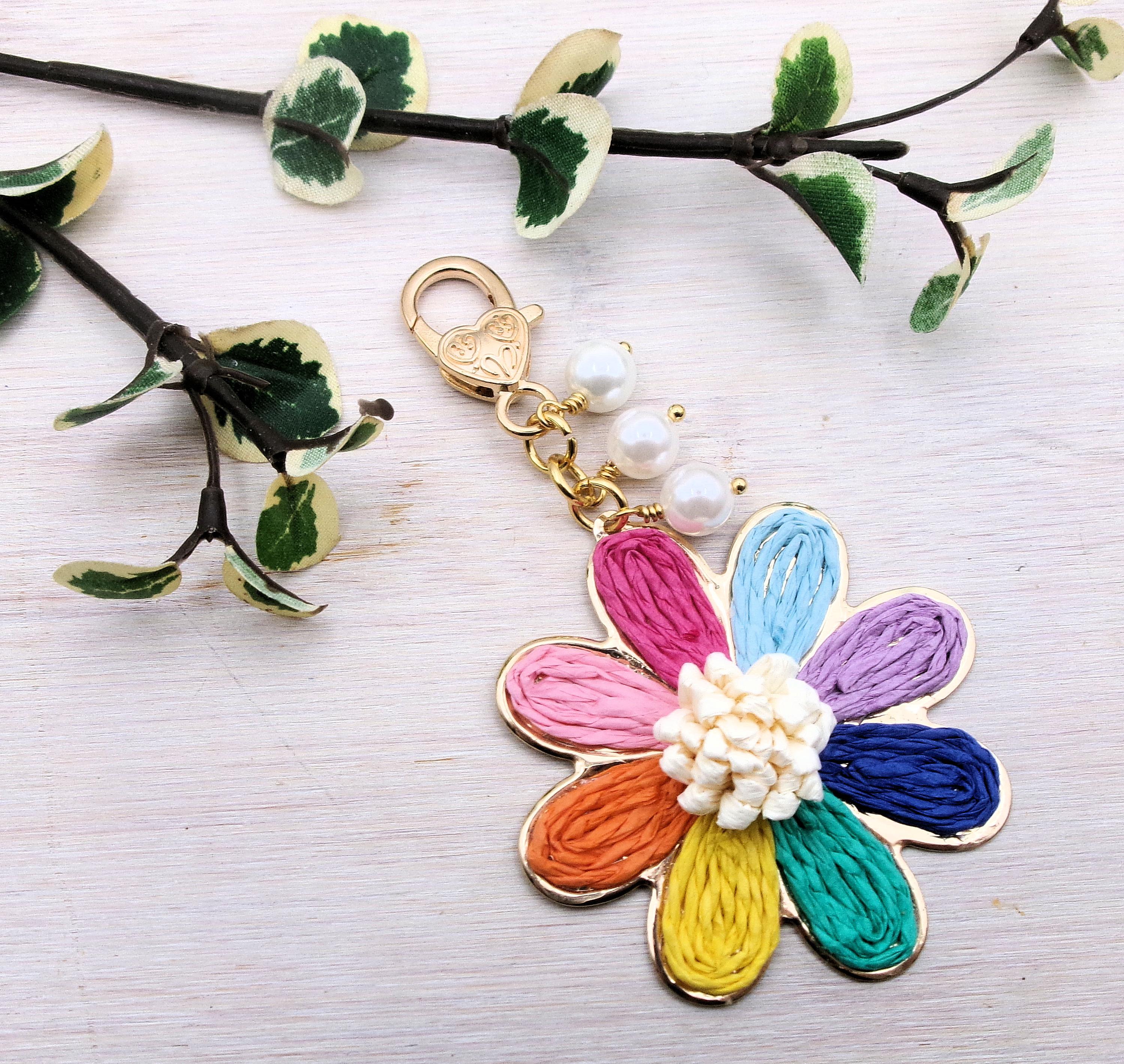 Raffia Keychains Raffia Flower Purse Charm - Keychain - Purse Dangle - Backpack - Makeup ...