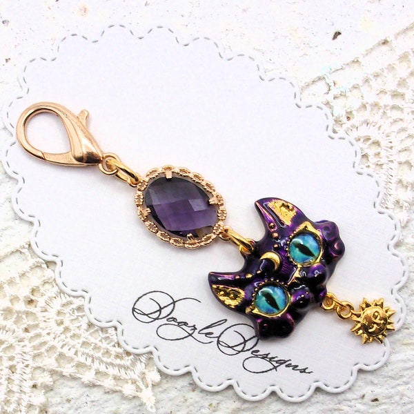 Mystic Cat Zipper Pull - Boho - Handbag jewelry - Purple Purse Charm Dangle - Celestial - TN - Halloween Gift - Goth - Gypsy Fortune