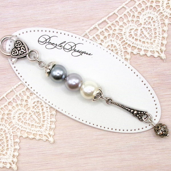 Silver and white Shell Pearls Handbag charm - Key ring - Gift under 20 - Keychain - Purse Charm Dangle - Bag Zipper Pull