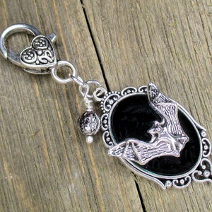 Black Goth Cameo Purse charm - Halloween - Bag jewelry - Purse Dangle - Bat - Spider - Skull - Zipper Pull - Key ring - Black - Silver