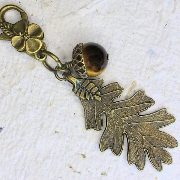 Antiqued Brass Rustic Oak Leaf Purse charm - Tiger eye acorn - Fall Autumn - Handbag jewelry - Purse Dangle - Zipper Pull - Key ring - Gift