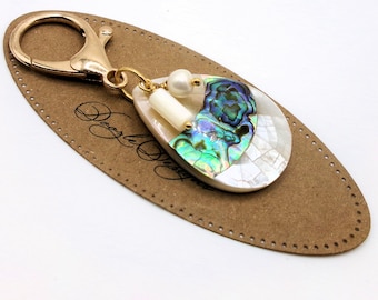Mother of Pearl Mosaic Handbag charm - MOP Gemstone Key ring - Gift under 20 - Stone Keychain - Purse Charm Dangle - Bag Zipper Pull