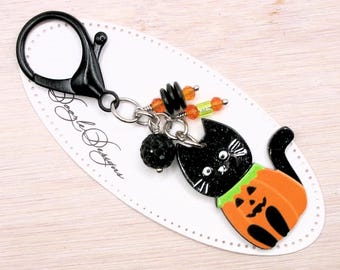 Pumpkin Cat Purse Charm - Cute Halloween - Crystal Bag jewelry - Handbag charm - Acrylic Jack o lantern - Backpack - Zipper Pull - Keychain