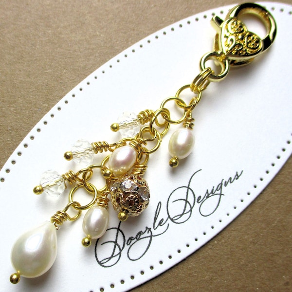 Freshwater Drop Pearl Purse Charm - Crystal Zipper Pull  - Large Lobster Clasp - Handbag jewelry - Gift under 20 Dollars - Notebook - TN