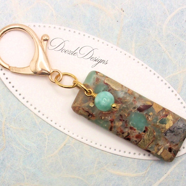 Aqua Emperor Jasper Handbag charm - Gemstone Key ring - Gift under 20 - Stone Keychain - Purse Charm Dangle - Bag Zipper Pull