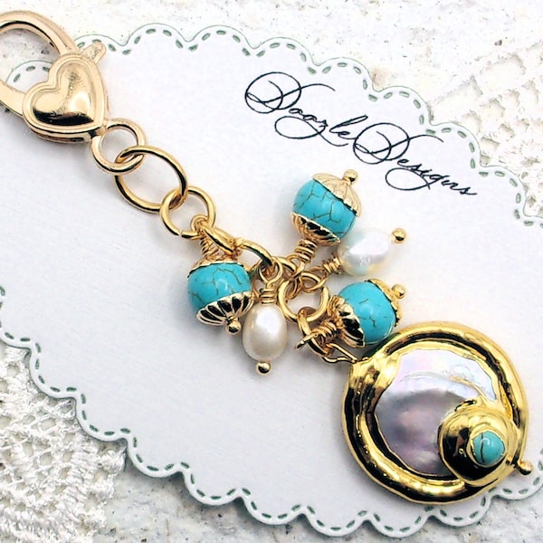 Freshwater Pearl Turquoise Howlite Purse Charm - Large Lobster - Handbag jewelry - Handmade Gift - Notebook - TN - Luxury - Summer