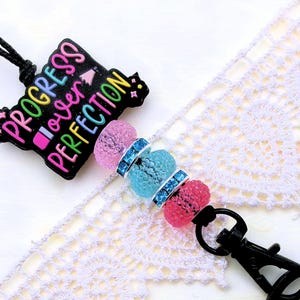 Teacher lanyard with keyring, Back-to-school, Progress over Perfection handmade breakaway beaded ID badge, necklace, gift, librarian