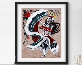 死者の日のアート 踊る骸骨のアートプリント メキシコのフォークアート