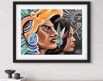 Aztec King and Queen Poster Print – Indigenous Art Wall Decor, Pre-Hispanic Mesoamerican Culture Artwork, Vibrant Chicano Heritage Print