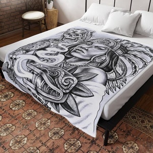 Aztec Warrior Goddess Throw Blanket – Chicano Art, Jaguar & Quetzalcoatl Design, Black and White Mesoamerican Blanket, Cultural Home Décor