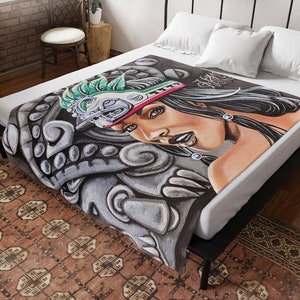 Aztec Chicana Goddess Throw Blanket – Indigenous Art Fleece Blanket, Soft Vibrant Mesoamerican Warrior Woman Home Decor, Chola Style Blanket