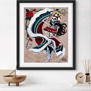 Day of the Dead Folklorico Skeleton Dancer Art Print - Dia de los Muertos Mexican Poster - Calavera Ballet Folklórico Wall Decor