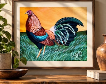 May include: A framed painting of a rooster with iridescent blue, red, and brown feathers standing in a green grassy field against a golden orange sky. The artwork features a white signature monogram in the bottom right corner.