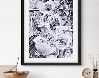 805 Chicano Art Poster Print – Black & White Lowrider Style Drawing | Cholo Tattoo-Inspired Urban Wall Art