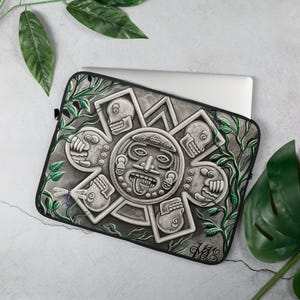 Aztec Sun Stone Laptop Sleeve – Tribal Mesoamerican Calendar Art, Protective Case for MacBook, Tablet or Chromebook