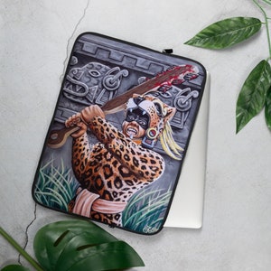 Aztec Jaguar Warrior Laptop Sleeve – Indigenous Art Protective Case, Ancient Mesoamerican Warrior Design, Unique Laptop Cover