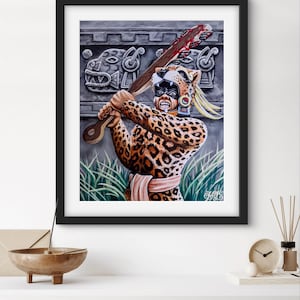 Aztec Jaguar Warrior Poster Print – Indigenous Mesoamerican Art – Mexica Warrior Wall Decor – Jaguar Knight with Macuahuitl – HZR Designs