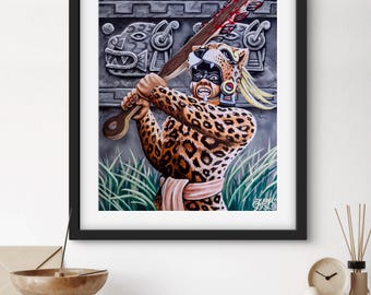 Aztec Jaguar Warrior Poster Print – Indigenous Mesoamerican Art – Mexica Warrior Wall Decor – Jaguar Knight with Macuahuitl – HZR Designs