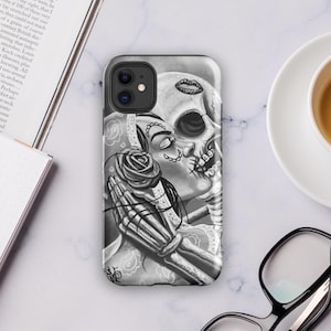 Día de los Muertos iPhone Tough Case – Skeleton Kiss Art – Dual Layer Protective Phone Cover – Chicano Gothic Tattoo Style Phone Case