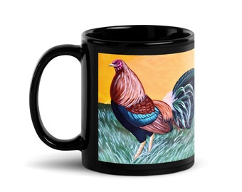 Black Mug - Red Rooster Mug, Rooster Art, Farm Animal Mug, Rooster Decor, Farmhouse Mugs, Coffee Mug, Tea Mug, Coffee Cup, Office Mug