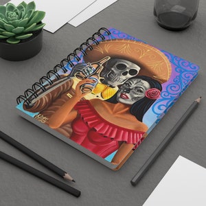 Day of the Dead Spiral Notebook – Sugar Skull Couple Art Journal – Mexican Folk Art Stationery – Skeleton & Catrina, Día de los Muertos Gift